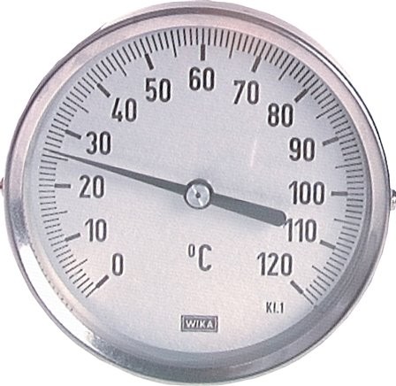 Bimetallthermometer, waagerecht, Edelstahl, Durchmesser 80, G 1/2", Länge Tauchschaft=63 mm, 0 - +16