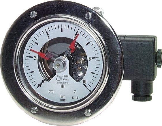 Kontaktmanometer, CrNi/Ms., NW 100, 1/2" BSPP rückseitig zentrisch, 0-400 Bar, Kl. 1,0