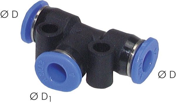 Mini-Reduzier-T-Steckverbindung, Messing vernickelt/PA66, 6 mm Schlauch-AD x 4 mm Schlauch-AD