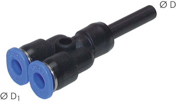 Mini-Y-Steckverbindung reduziered mit Stecknippel, Messing vernickelt/PA 66, 4 mm Schlauch-AD x 3 mm