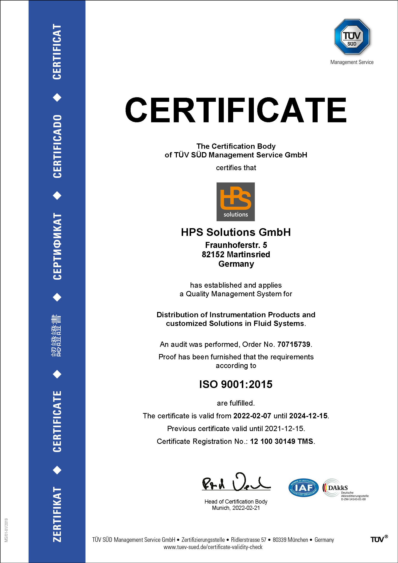 TÜV ISO 9001:2015 (EN) (2022 - 2024)