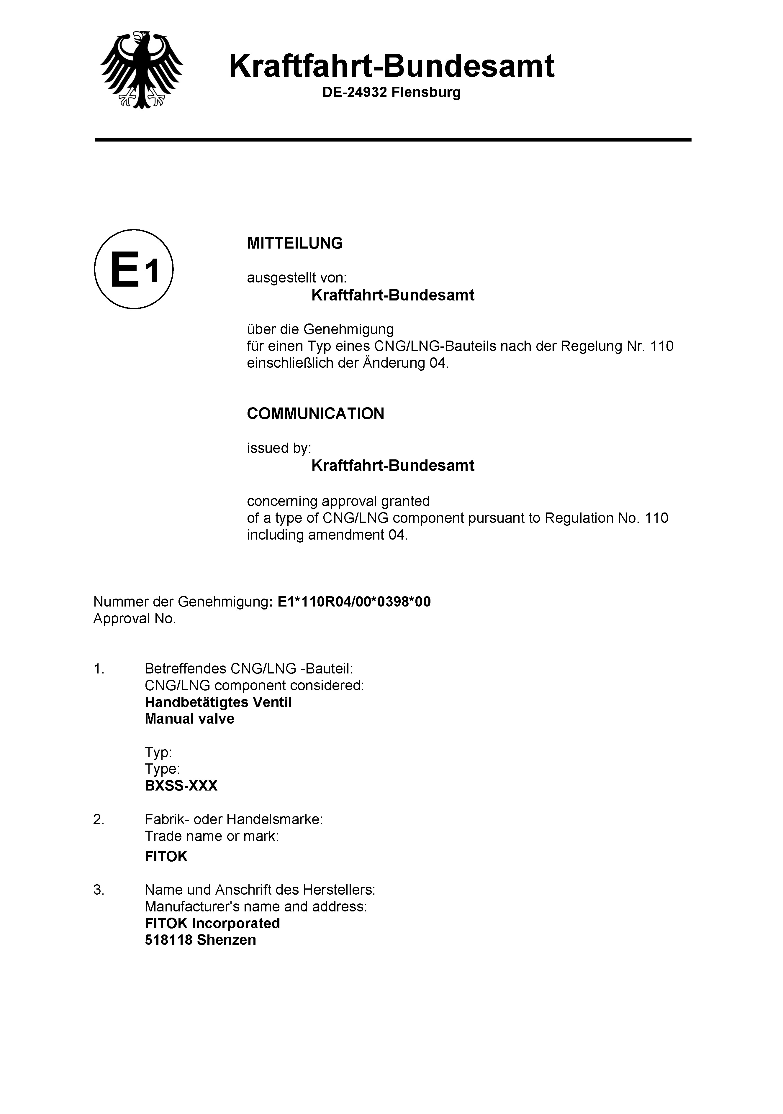 FITOK ECE Zertifikat für Kugelhähne zur Verwendung in Fahrzeugen