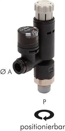 Druckregelventil mit Manometer, Messing vernickelt/PA66, 4 mm Schlauch-AD x 1/8" BSPT Aussengewinde